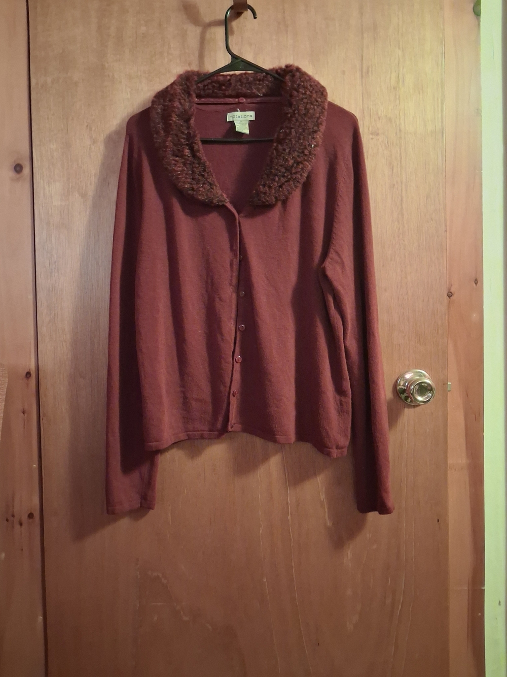 Notations Wine Colored Cardigan with  Removable Faux Fur Collar